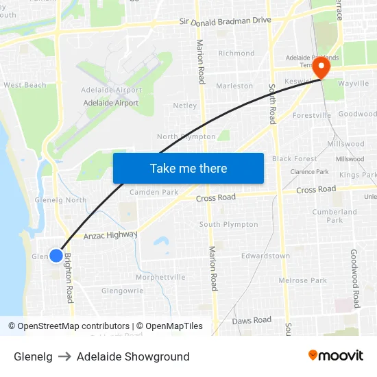 Glenelg to Adelaide Showground map