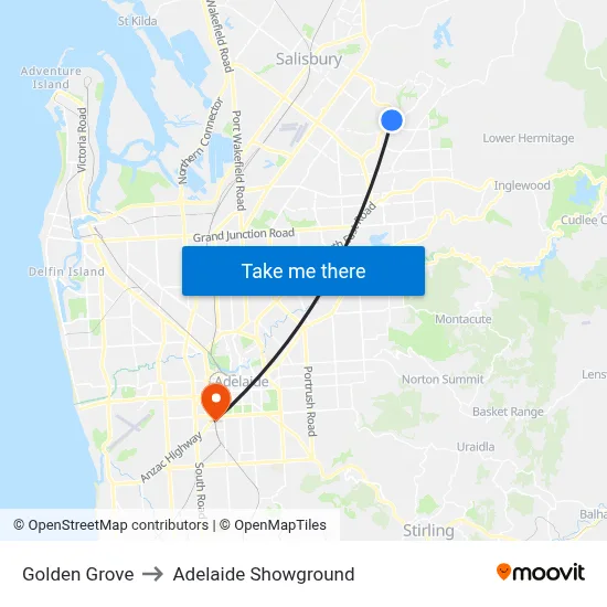 Golden Grove to Adelaide Showground map