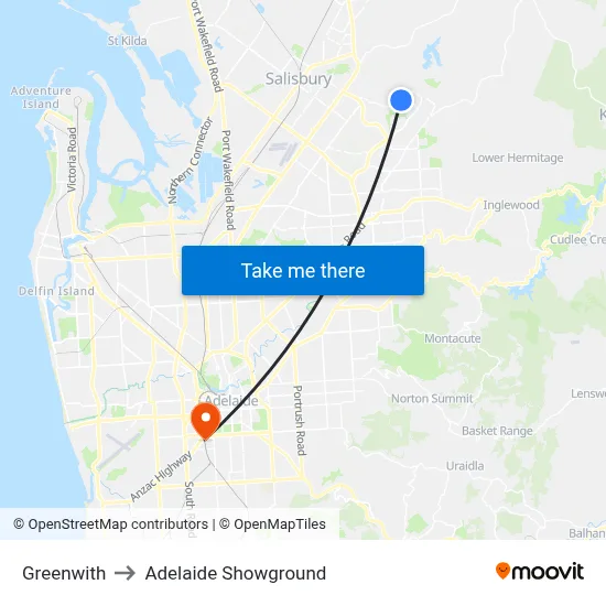 Greenwith to Adelaide Showground map