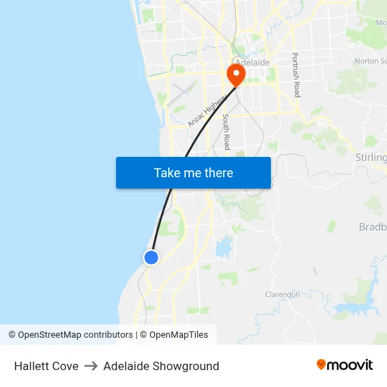 Hallett Cove to Adelaide Showground map