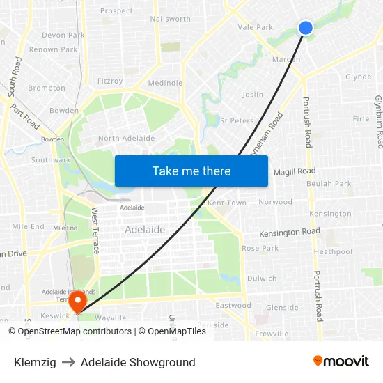 Klemzig to Adelaide Showground map