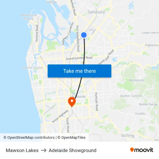 Mawson Lakes to Adelaide Showground map