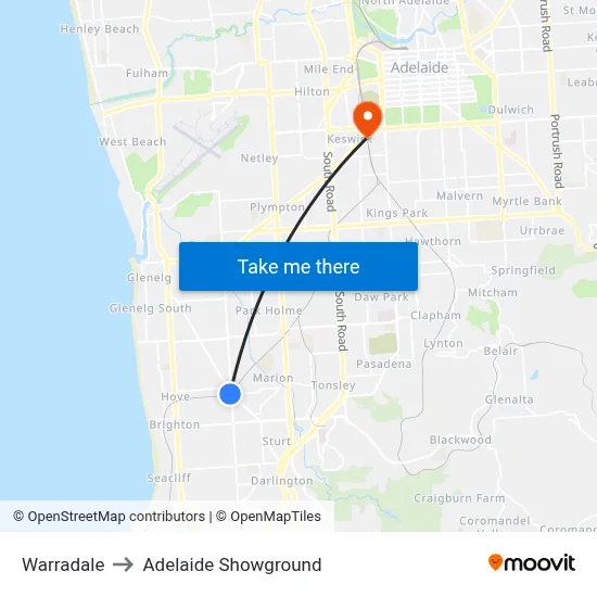 Warradale to Adelaide Showground map