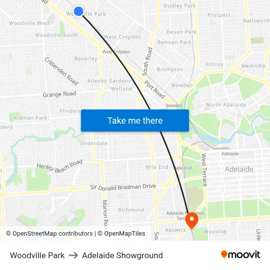 Woodville Park to Adelaide Showground map