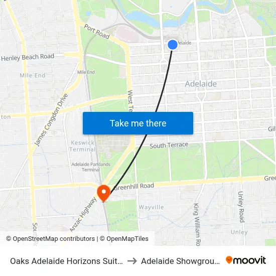 Oaks Adelaide Horizons Suites to Adelaide Showground map