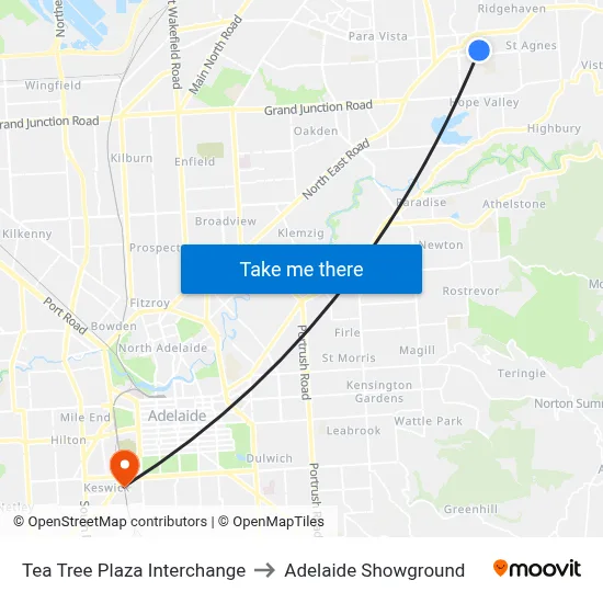 Tea Tree Plaza Interchange to Adelaide Showground map
