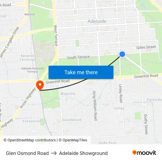 Glen Osmond Road to Adelaide Showground map