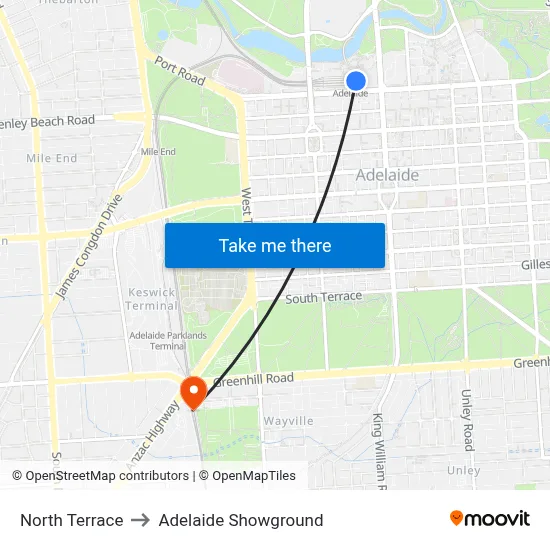North Terrace to Adelaide Showground map