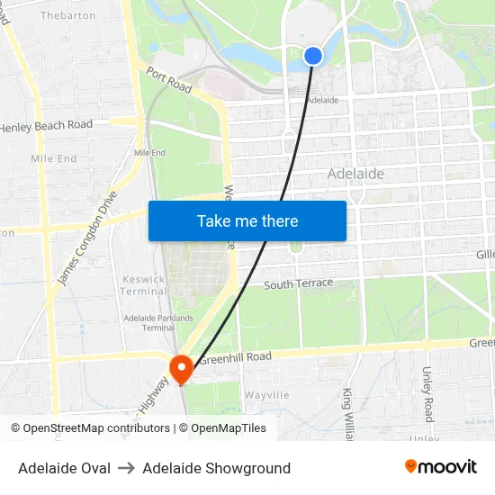 Adelaide Oval to Adelaide Showground map