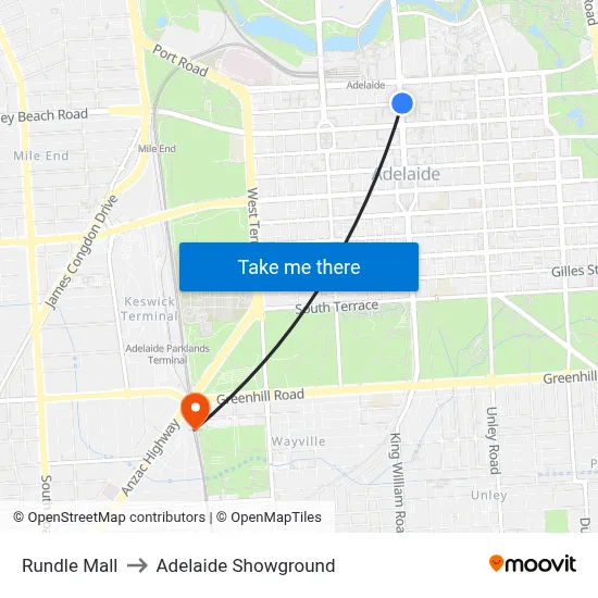Rundle Mall to Adelaide Showground map