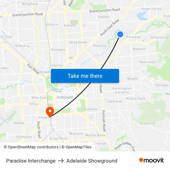 Paradise Interchange to Adelaide Showground map