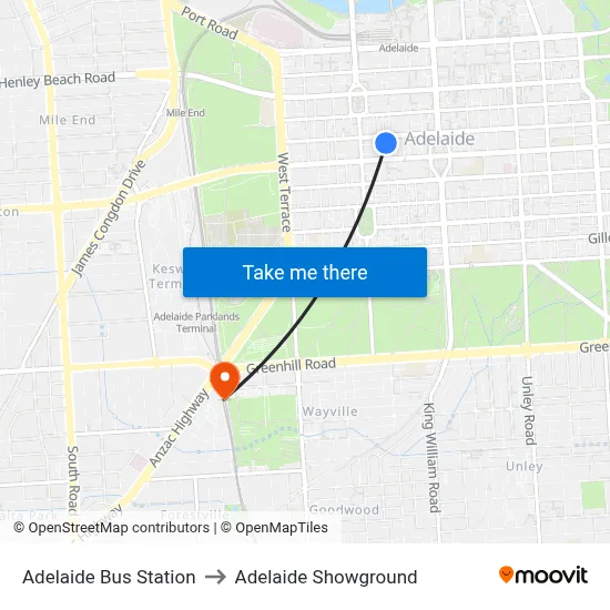 Adelaide Bus Station to Adelaide Showground map