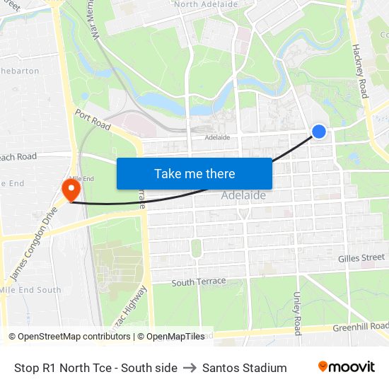 Stop R1 North Tce - South side to Santos Stadium map