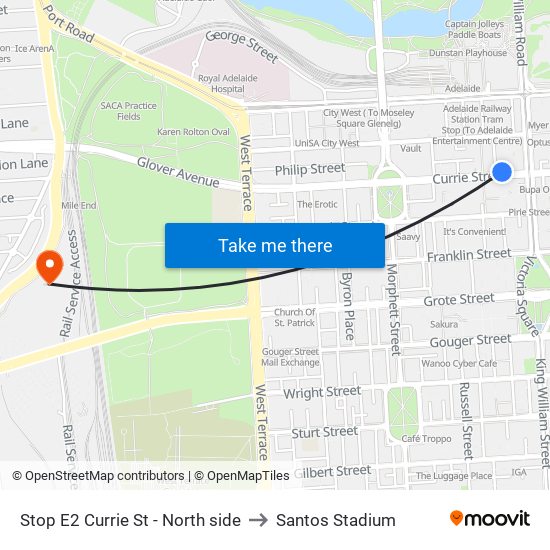 Stop E2 Currie St - North side to Santos Stadium map