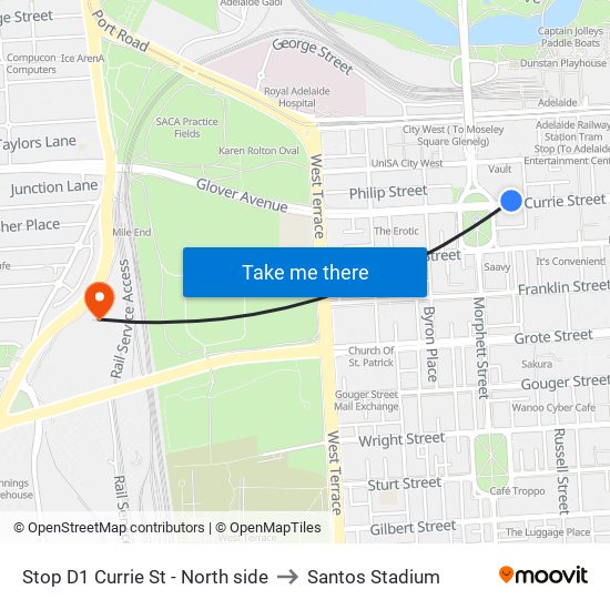 Stop D1 Currie St - North side to Santos Stadium map