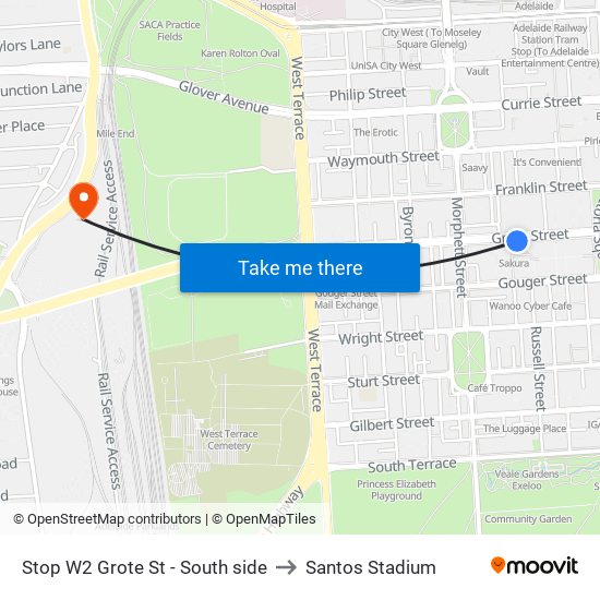 Stop W2 Grote St - South side to Santos Stadium map