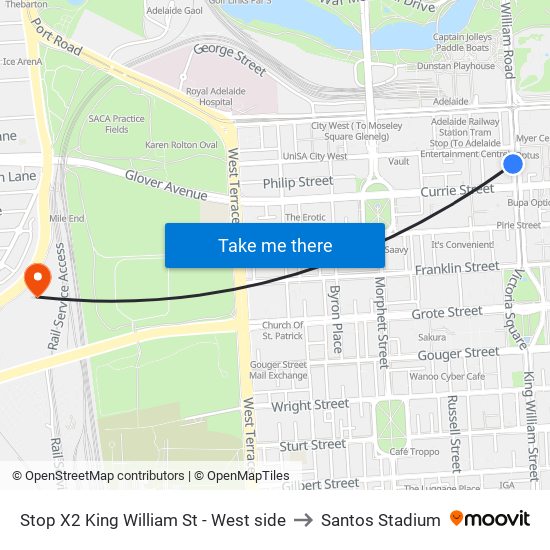 Stop X2 King William St - West side to Santos Stadium map