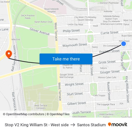 Stop V2 King William St - West side to Santos Stadium map