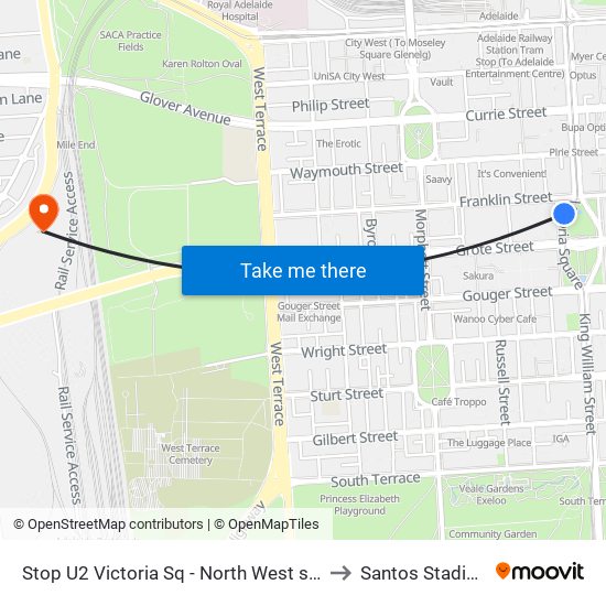 Stop U2 Victoria Sq - North West side to Santos Stadium map