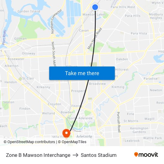 Zone B Mawson Interchange to Santos Stadium map