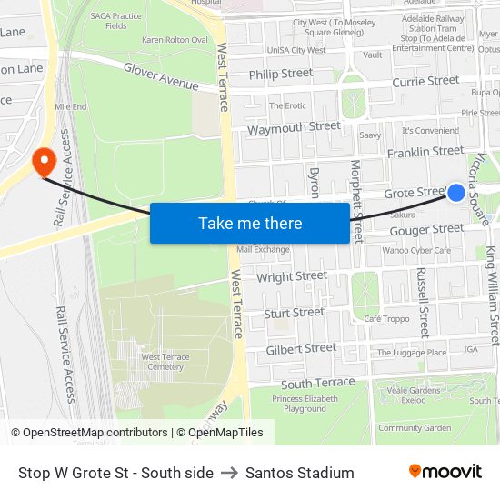 Stop W Grote St - South side to Santos Stadium map