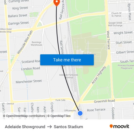 Adelaide Showground to Santos Stadium map