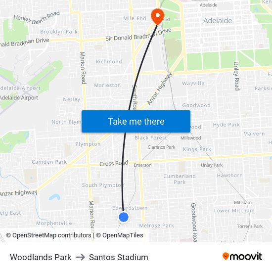 Woodlands Park to Santos Stadium map