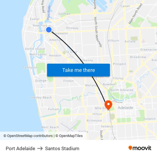 Port Adelaide to Santos Stadium map