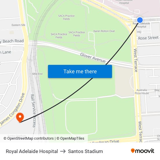 Royal Adelaide Hospital to Santos Stadium map