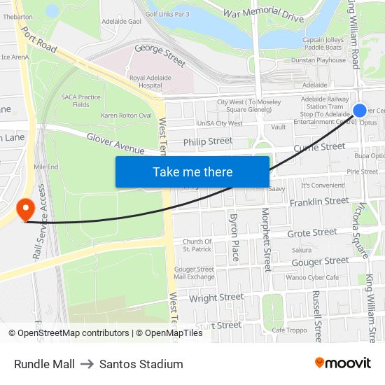 Rundle Mall to Santos Stadium map