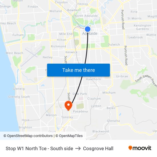 Stop W1 North Tce - South side to Cosgrove Hall map