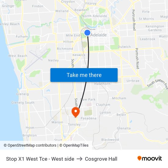 Stop X1 West Tce - West side to Cosgrove Hall map