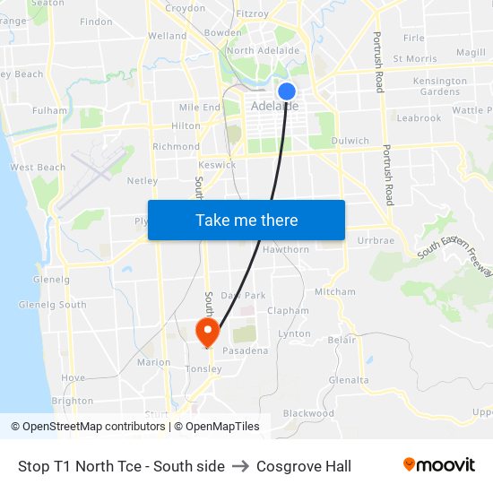 Stop T1 North Tce - South side to Cosgrove Hall map