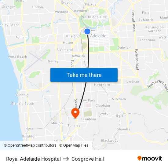 Royal Adelaide Hospital to Cosgrove Hall map