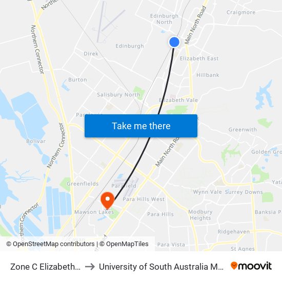 Zone C Elizabeth Interchange to University of South Australia Mawson Lakes Campus map