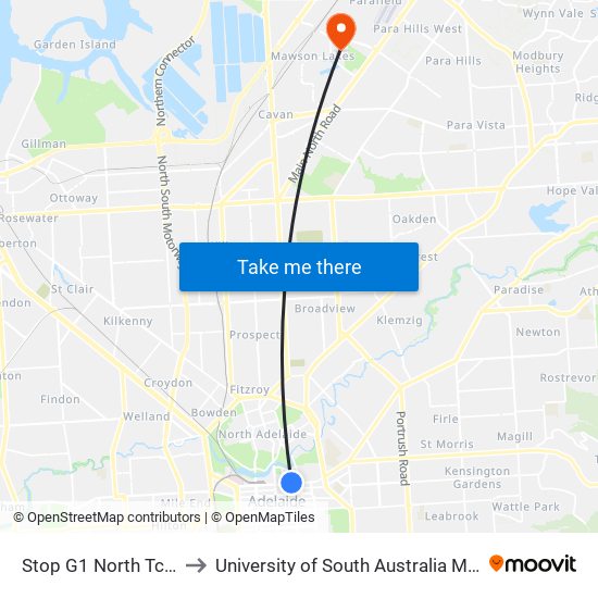 Stop G1 North Tce - North side to University of South Australia Mawson Lakes Campus map