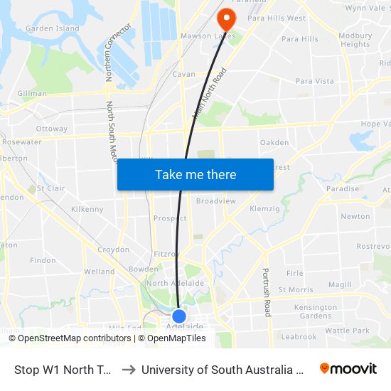 Stop W1 North Tce - South side to University of South Australia Mawson Lakes Campus map