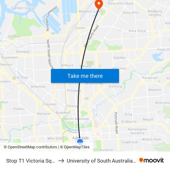 Stop T1 Victoria Sq - South West side to University of South Australia Mawson Lakes Campus map