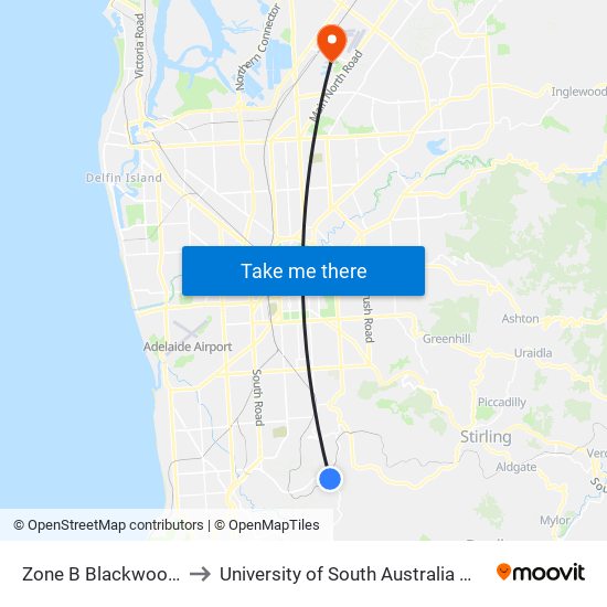 Zone B Blackwood Interchange to University of South Australia Mawson Lakes Campus map