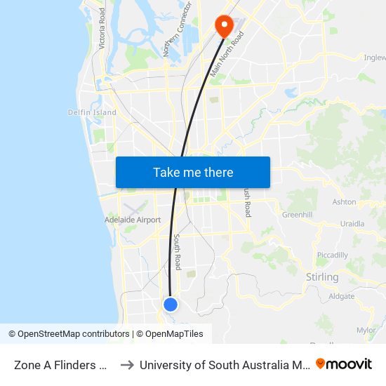 Zone A Flinders Medical Centre to University of South Australia Mawson Lakes Campus map