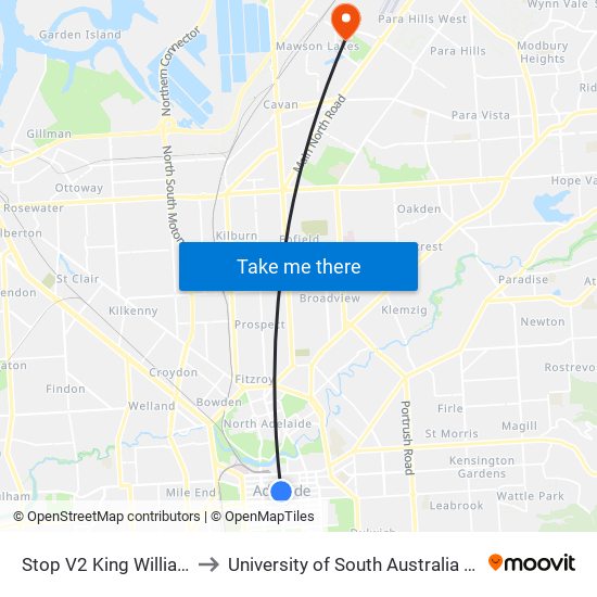 Stop V2 King William St - West side to University of South Australia Mawson Lakes Campus map