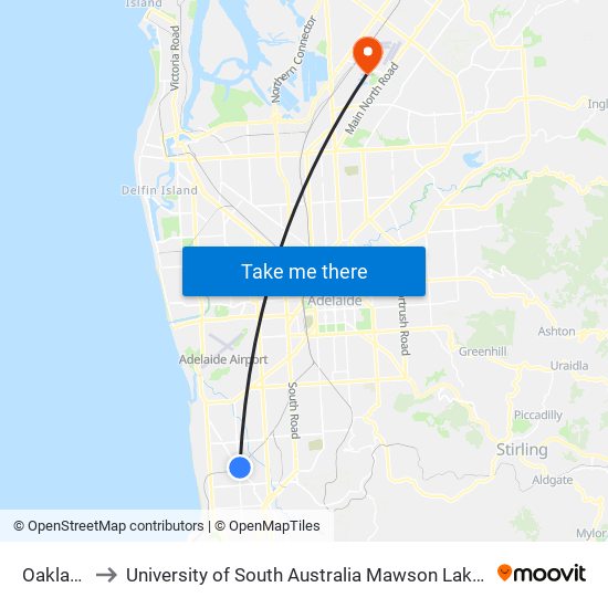 Oaklands to University of South Australia Mawson Lakes Campus map