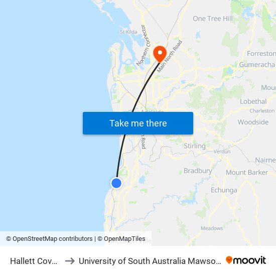 Hallett Cove Beach to University of South Australia Mawson Lakes Campus map