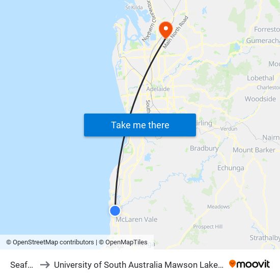 Seaford to University of South Australia Mawson Lakes Campus map