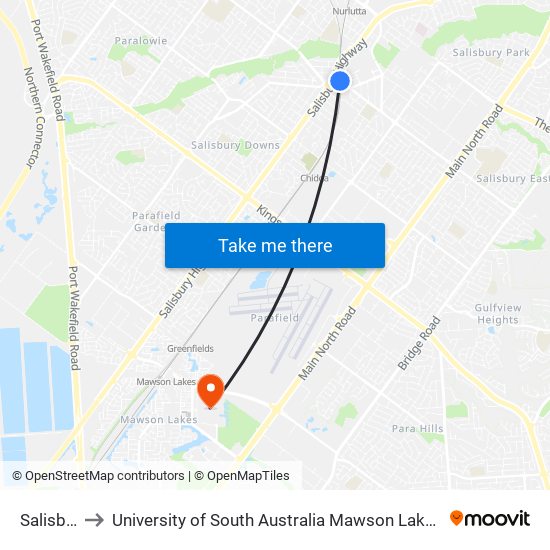 Salisbury to University of South Australia Mawson Lakes Campus map