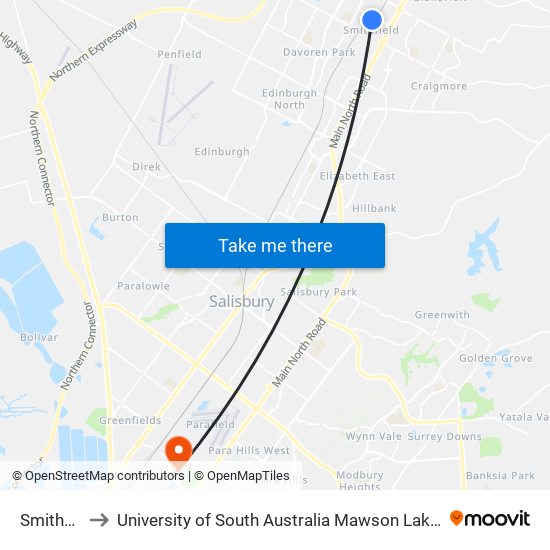 Smithfield to University of South Australia Mawson Lakes Campus map