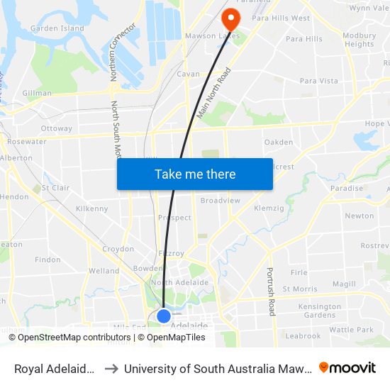 Royal Adelaide Hospital to University of South Australia Mawson Lakes Campus map