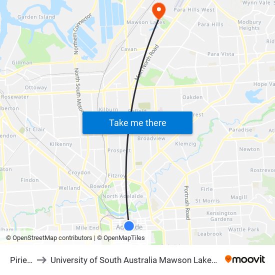 Pirie St to University of South Australia Mawson Lakes Campus map