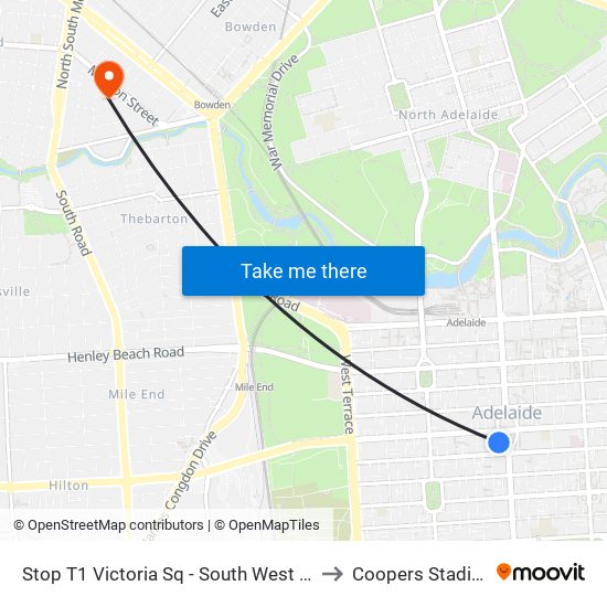 Stop T1 Victoria Sq - South West side to Coopers Stadium map