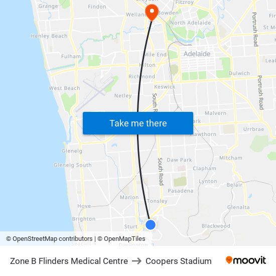 Zone B Flinders Medical Centre to Coopers Stadium map